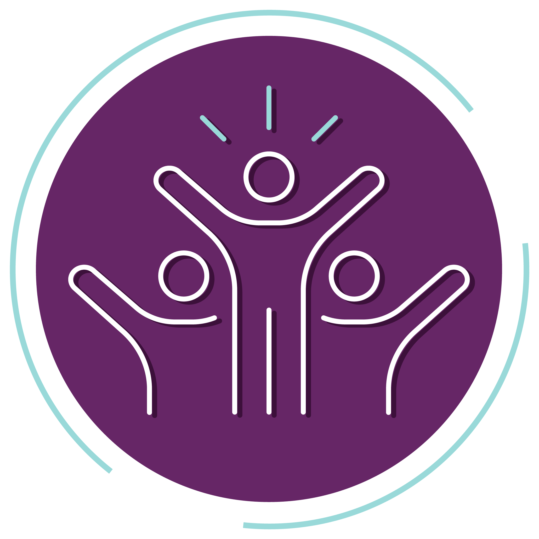 Icon representing community support with three people raising their arms together.