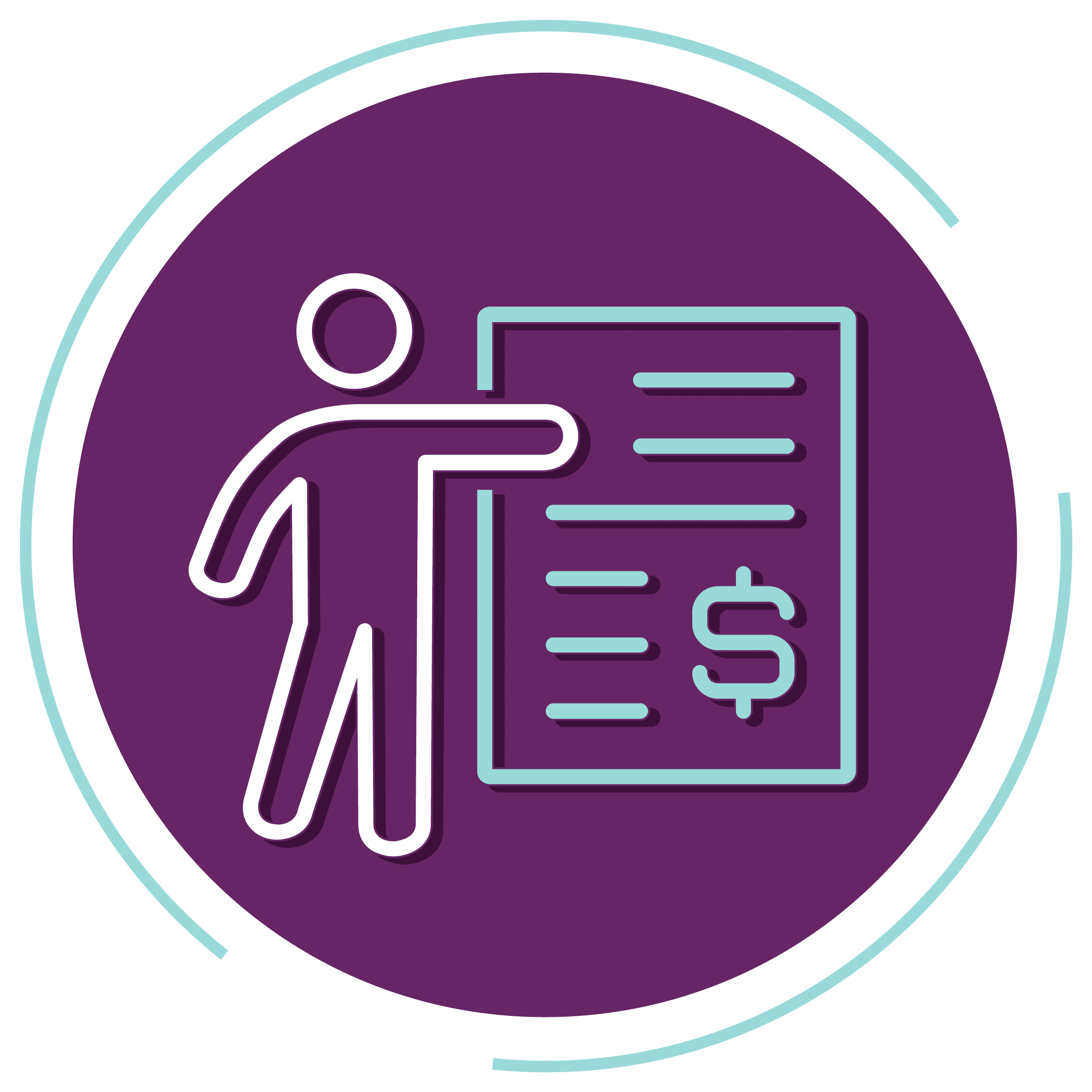 Icon representing flexible orthodontic financing options with a person pointing to a payment document and dollar sign.