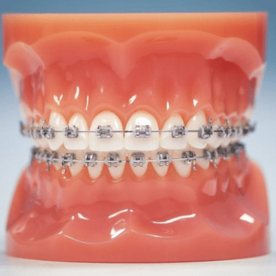 Model teeth with metal braces displayed, representing braces vs clear aligners