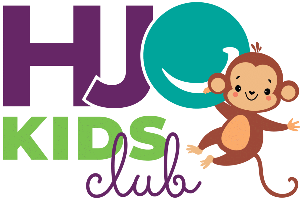 Hjo kids club logo with colorful lettering and a smiling cartoon monkey for hentscher-johnson orthodontics.